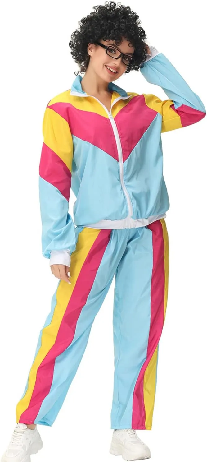 Womens 80s Tracksuit Retro Hip Hop Windbreaker Women Disco Tracksuit Sets Colorblock One Piece Outfits Set