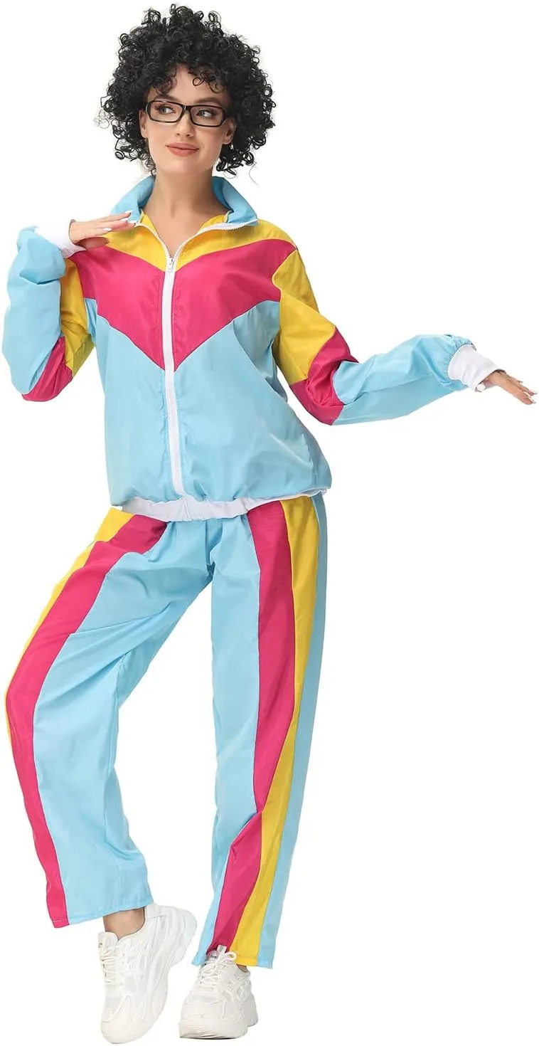 Womens 80s Tracksuit Retro Hip Hop Windbreaker Women Disco Tracksuit Sets Colorblock One Piece Outfits Set