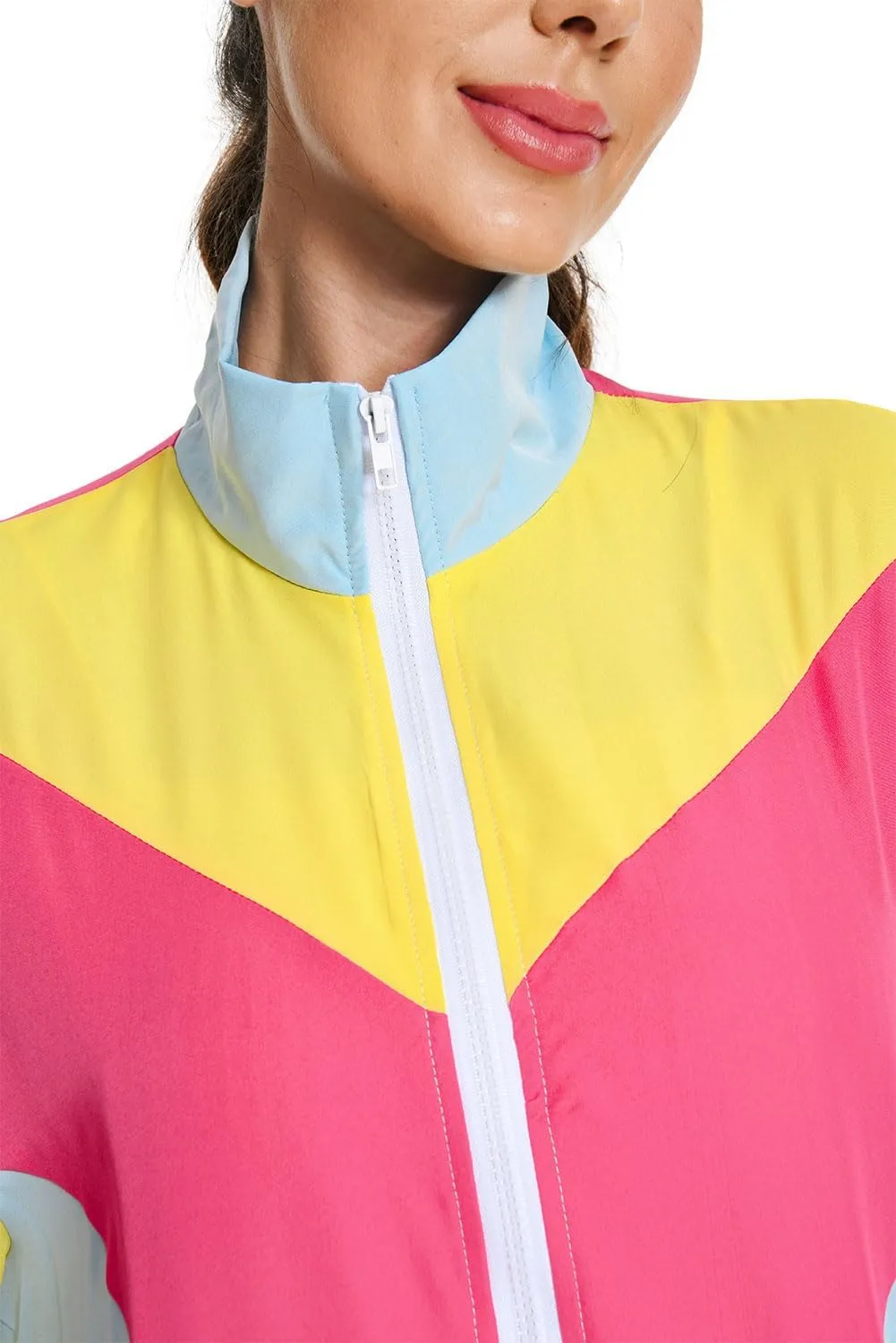 Womens 80s Tracksuit Retro Hip Hop Windbreaker Women Disco Tracksuit Sets Colorblock One Piece Outfits Set