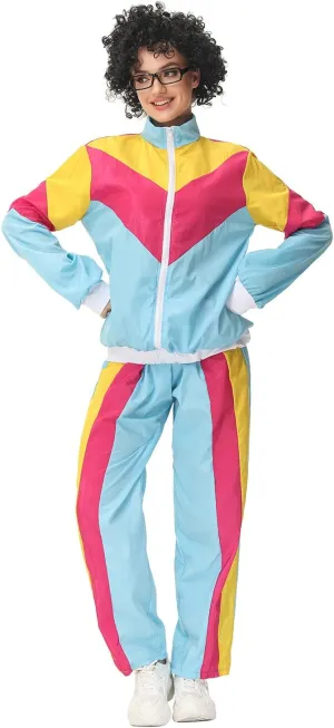 Womens 80s Tracksuit Retro Hip Hop Windbreaker Women Disco Tracksuit Sets Colorblock One Piece Outfits Set