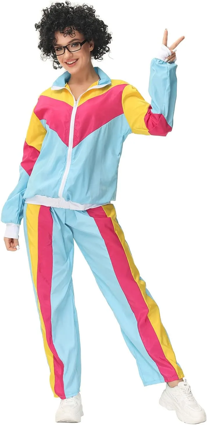 Womens 80s Tracksuit Retro Hip Hop Windbreaker Women Disco Tracksuit Sets Colorblock One Piece Outfits Set
