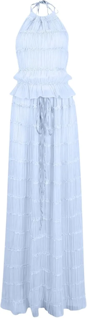 Women's Adjustable Backless Tie Halter Tank Top and Pleated Retro Drawstring Long Maxi Skirts Tiered Ruffle Skirt Sets