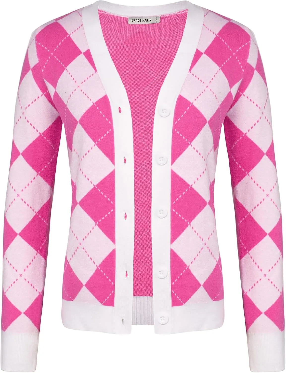 Womens Argyle Preppy Cardigan Sweater Casual V Neck Button Down Knit Cardigan Color Block Shrugs S-2XL