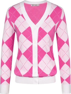 Womens Argyle Preppy Cardigan Sweater Casual V Neck Button Down Knit Cardigan Color Block Shrugs S-2XL
