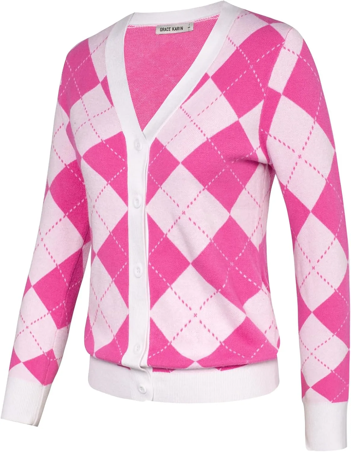 Womens Argyle Preppy Cardigan Sweater Casual V Neck Button Down Knit Cardigan Color Block Shrugs S-2XL