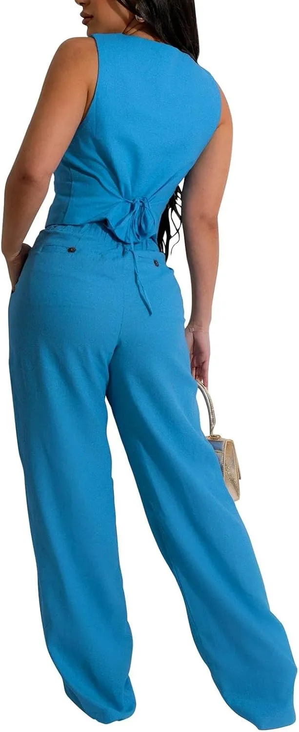Womens Blazer Sets 2 Piece Outfits Linen Set V Neck Button Suit Vest Tops Wide Leg Pants with Pockets