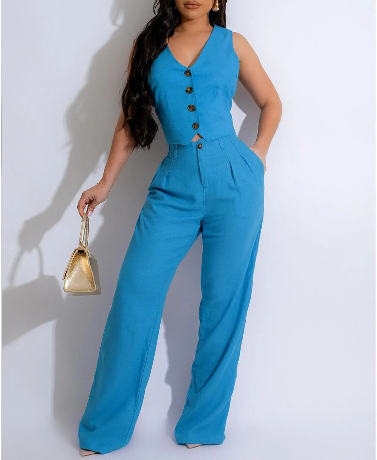 Womens Blazer Sets 2 Piece Outfits Linen Set V Neck Button Suit Vest Tops Wide Leg Pants with Pockets