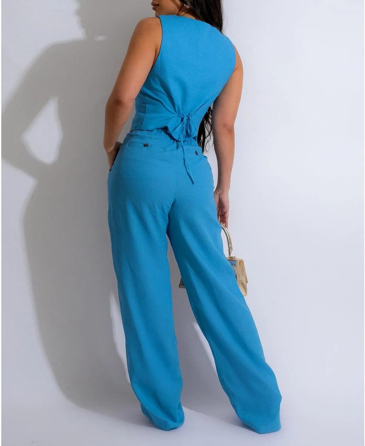 Womens Blazer Sets 2 Piece Outfits Linen Set V Neck Button Suit Vest Tops Wide Leg Pants with Pockets