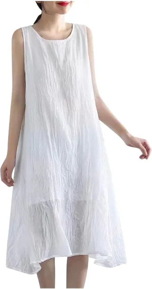 Womens Casual Cotton Linen Sleeveless Midi Dress Plus Size Loose Fit Flowy Tank Tops Dress Summer Beach Long Dresses
