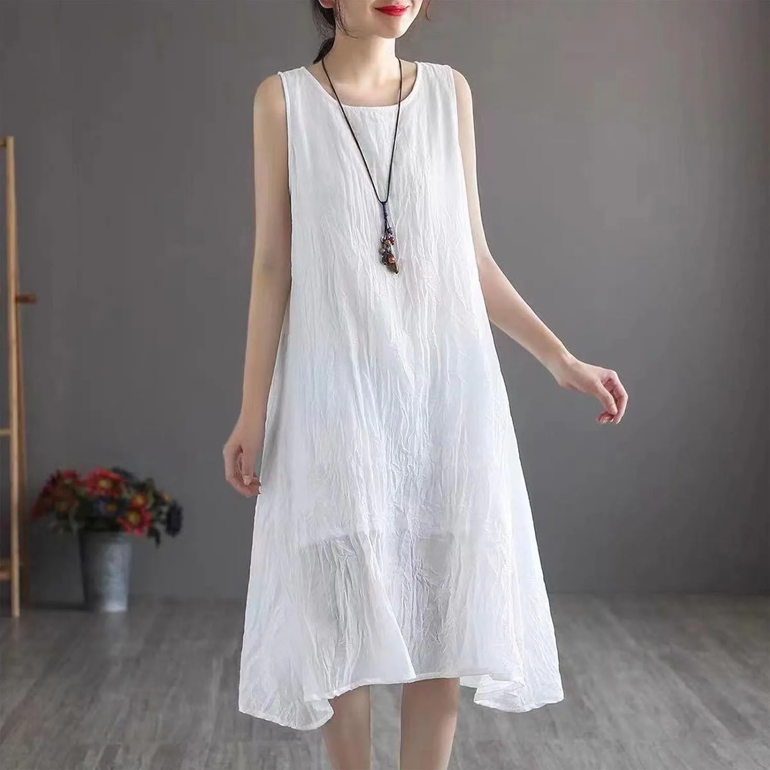 Womens Casual Cotton Linen Sleeveless Midi Dress Plus Size Loose Fit Flowy Tank Tops Dress Summer Beach Long Dresses