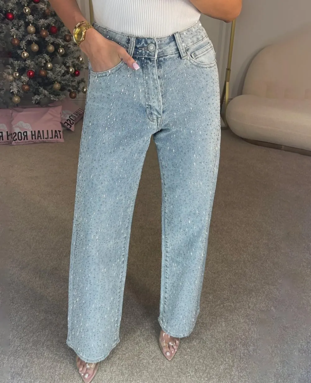 Women's Casual Rhinestone Loose Harem Jeans, Bling Denim Pants, Loose Straight, High Waisted Rhinestone Jeans for Women