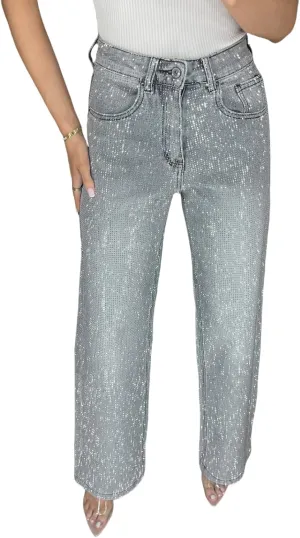 Women's Casual Rhinestone Loose Harem Jeans, Bling Denim Pants, Loose Straight, High Waisted Rhinestone Jeans for Women