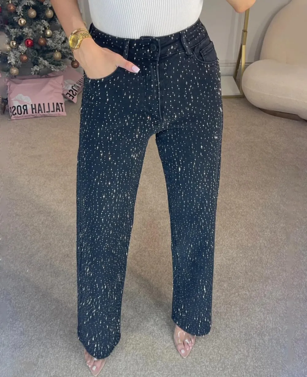 Women's Casual Rhinestone Loose Harem Jeans, Bling Denim Pants, Loose Straight, High Waisted Rhinestone Jeans for Women