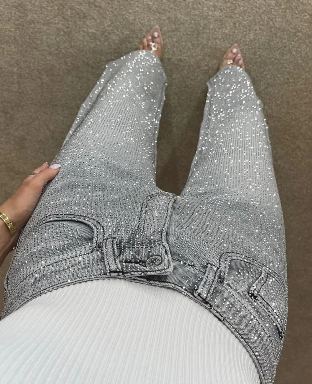 Women's Casual Rhinestone Loose Harem Jeans, Bling Denim Pants, Loose Straight, High Waisted Rhinestone Jeans for Women