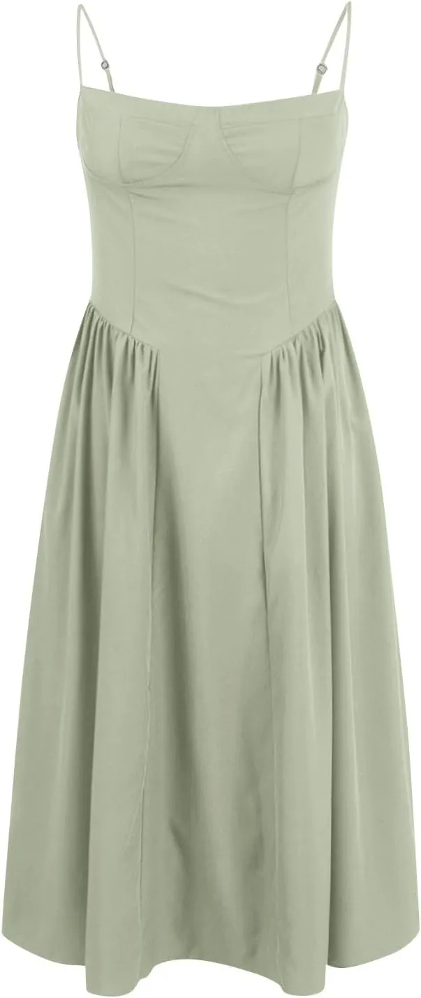 Womens Corset Dress Spaghetti Strap Bustier Midi Dress Pleated Hem Elegant Low Cut Prom Dresses with Pockets