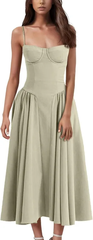 Womens Corset Dress Spaghetti Strap Bustier Midi Dress Pleated Hem Elegant Low Cut Prom Dresses with Pockets
