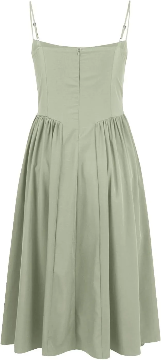 Womens Corset Dress Spaghetti Strap Bustier Midi Dress Pleated Hem Elegant Low Cut Prom Dresses with Pockets