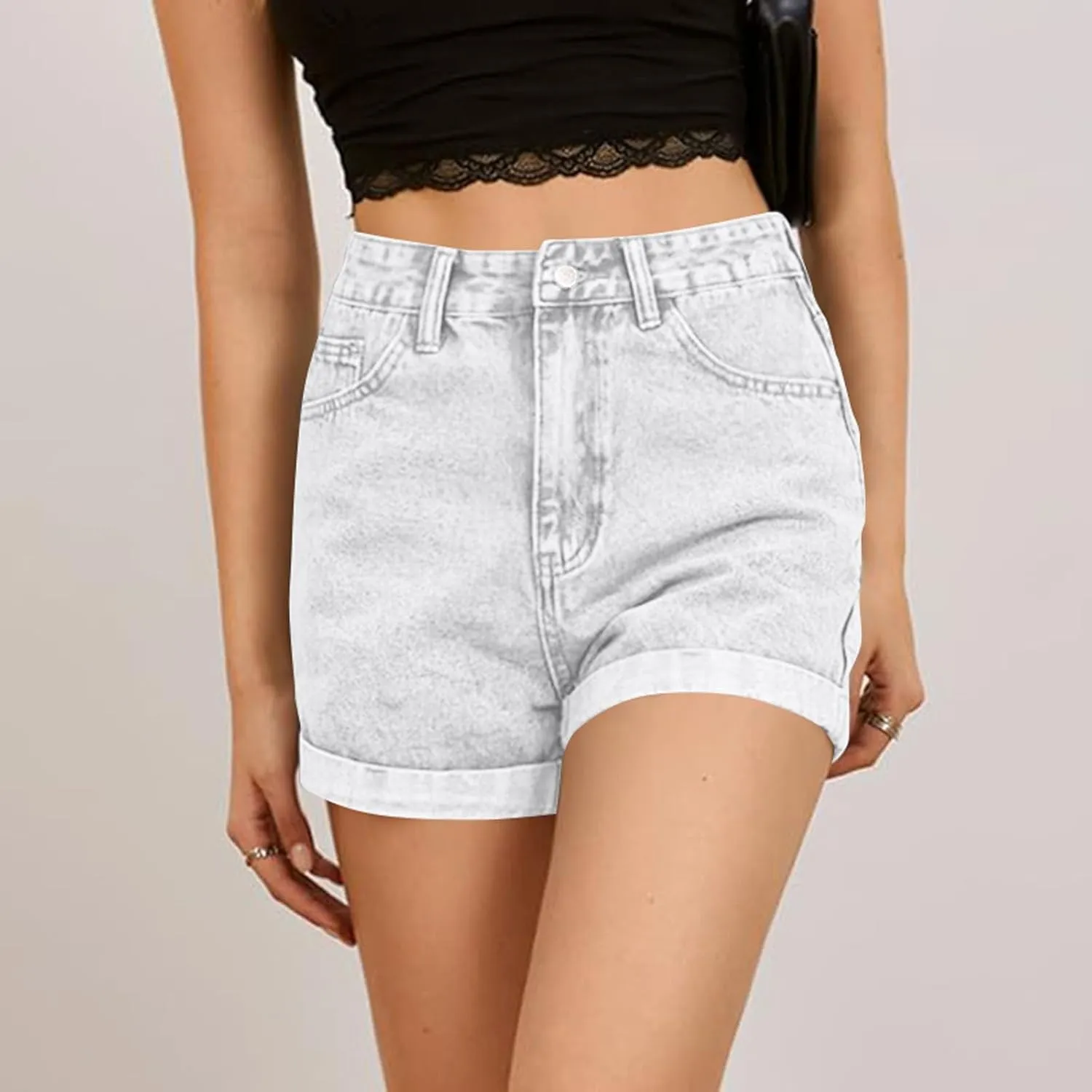 Womens Denim Shorts High Waisted Wide Leg Fold Hem Jean Shorts Stretchy Frayed Casual Summer Hot Short Pants with Pockets