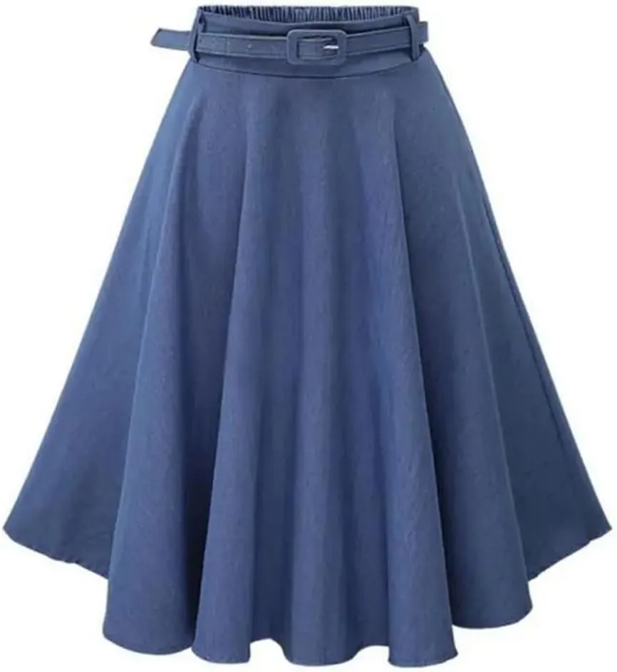 Women's High-Waisted Dress with Long Skirt and Belt Casual Loose Half-Length Denim Skirt