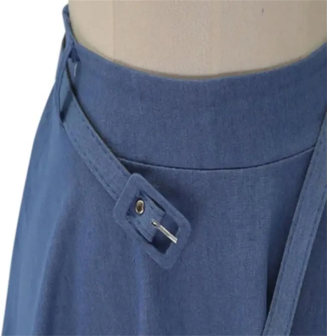 Women's High-Waisted Dress with Long Skirt and Belt Casual Loose Half-Length Denim Skirt