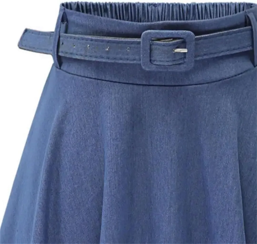 Women's High-Waisted Dress with Long Skirt and Belt Casual Loose Half-Length Denim Skirt