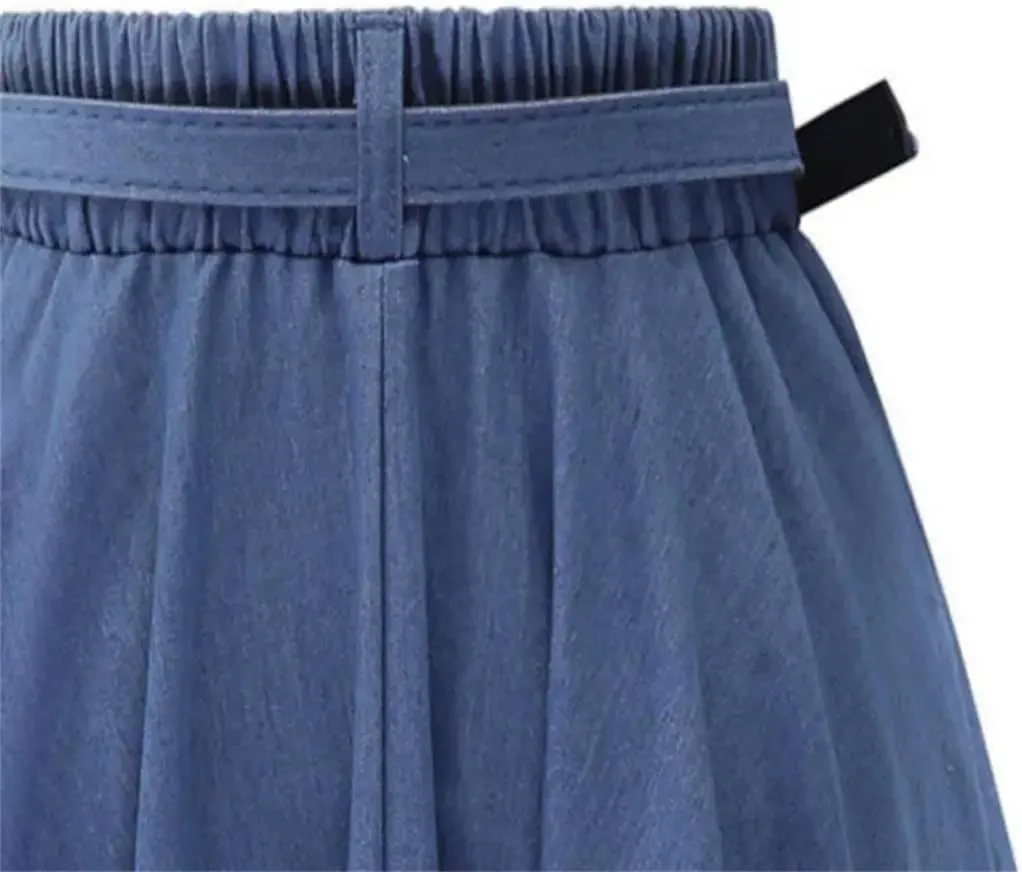 Women's High-Waisted Dress with Long Skirt and Belt Casual Loose Half-Length Denim Skirt