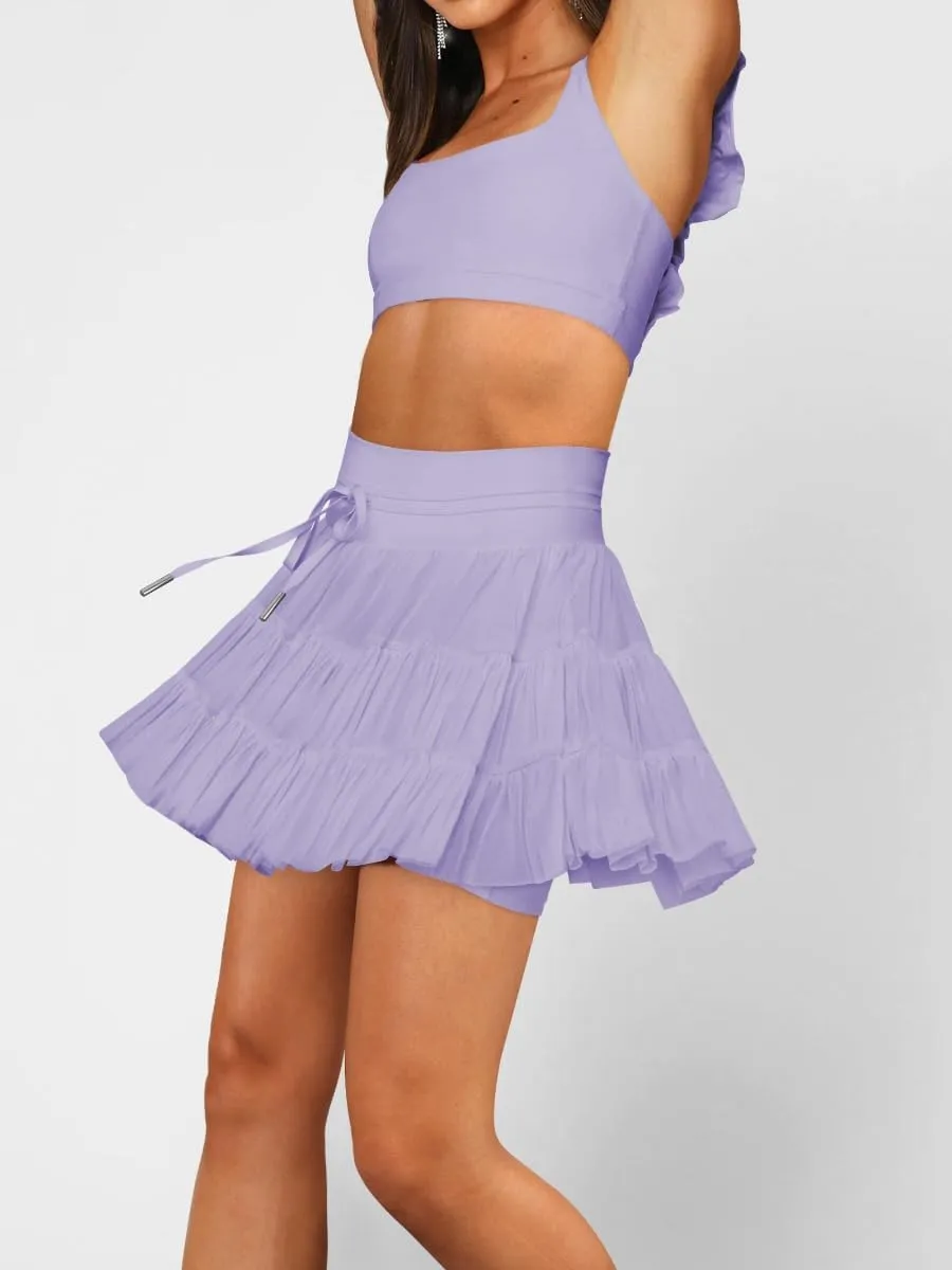 Women's High Waisted Ruffled Tennis Skirt Pleated Mesh Layered Tulle Flowy Skirt