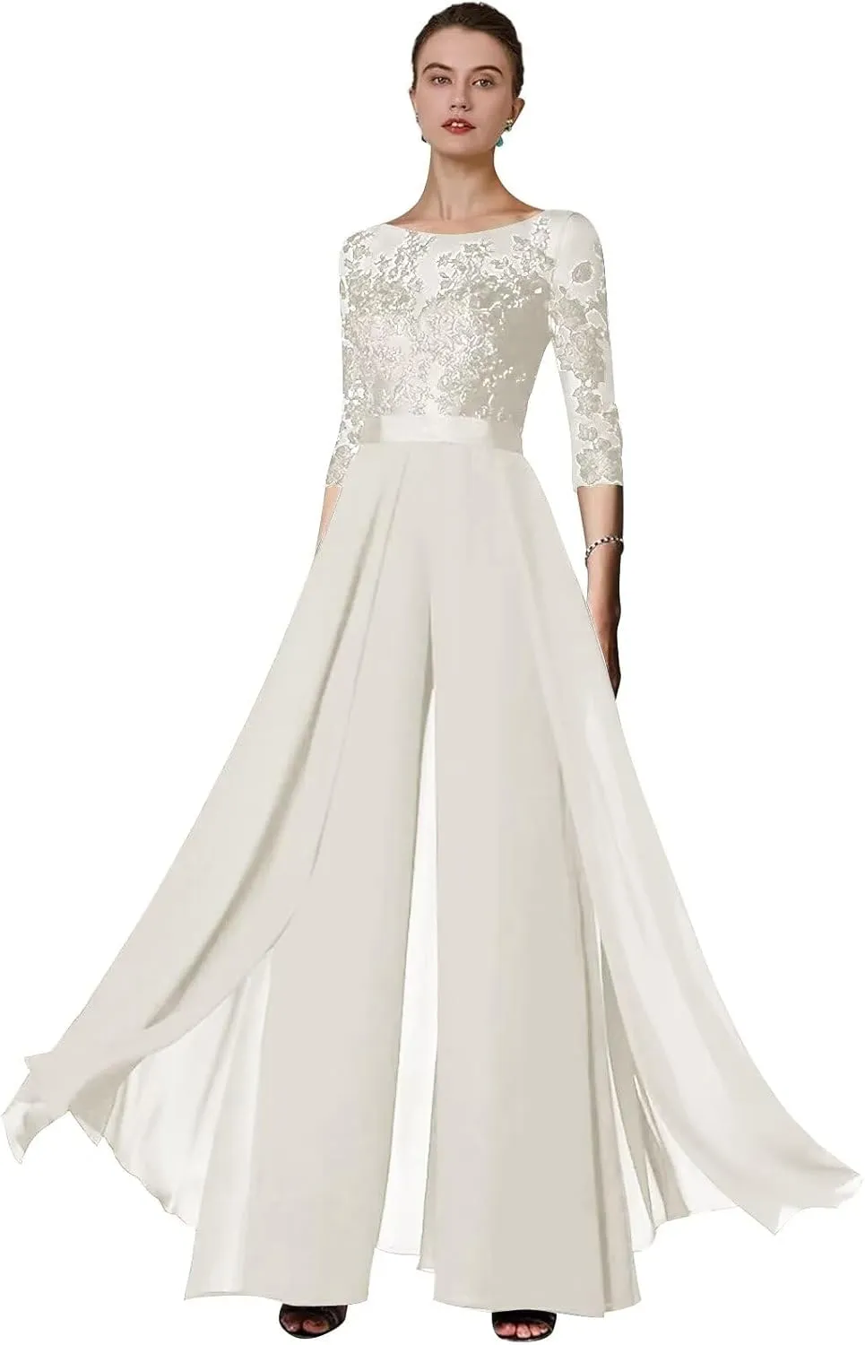 Women's Lace Appliques Mother of The Bride Pants Suits for Wedding Formal Jumpsuit