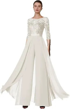 Women's Lace Appliques Mother of The Bride Pants Suits for Wedding Formal Jumpsuit