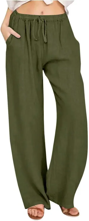 Women's Linen Pants Drawstring High Waist Beach Palazzo Pants Casual Wide Leg Trousers with Pockets Summer Clothes