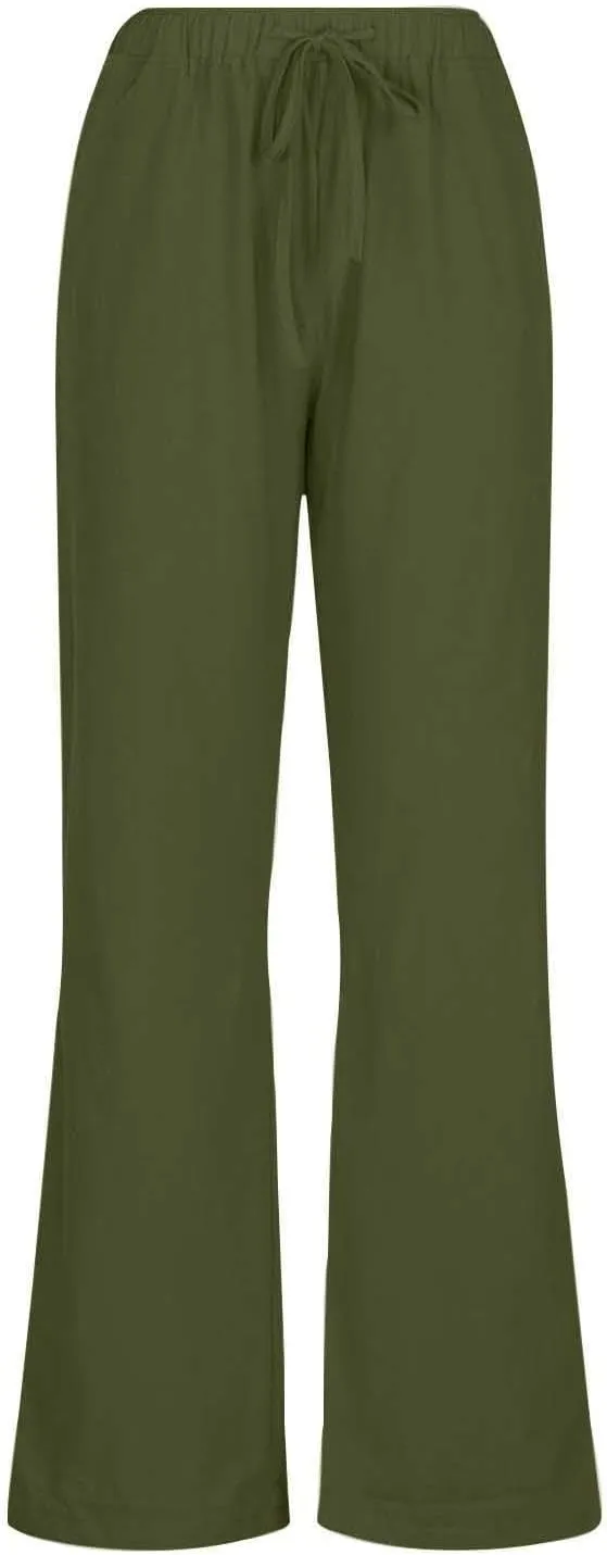 Women's Linen Pants Drawstring High Waist Beach Palazzo Pants Casual Wide Leg Trousers with Pockets Summer Clothes
