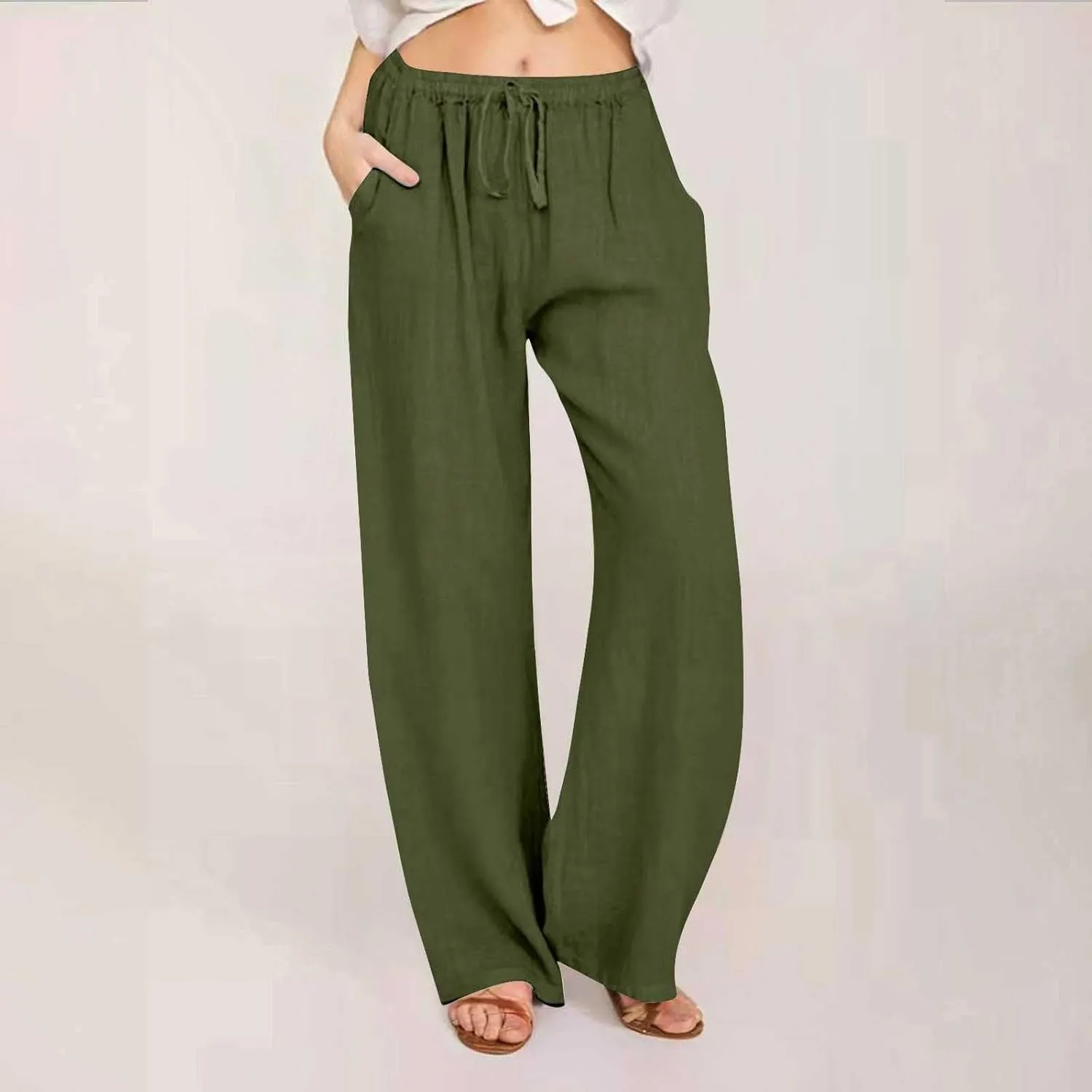 Women's Linen Pants Drawstring High Waist Beach Palazzo Pants Casual Wide Leg Trousers with Pockets Summer Clothes