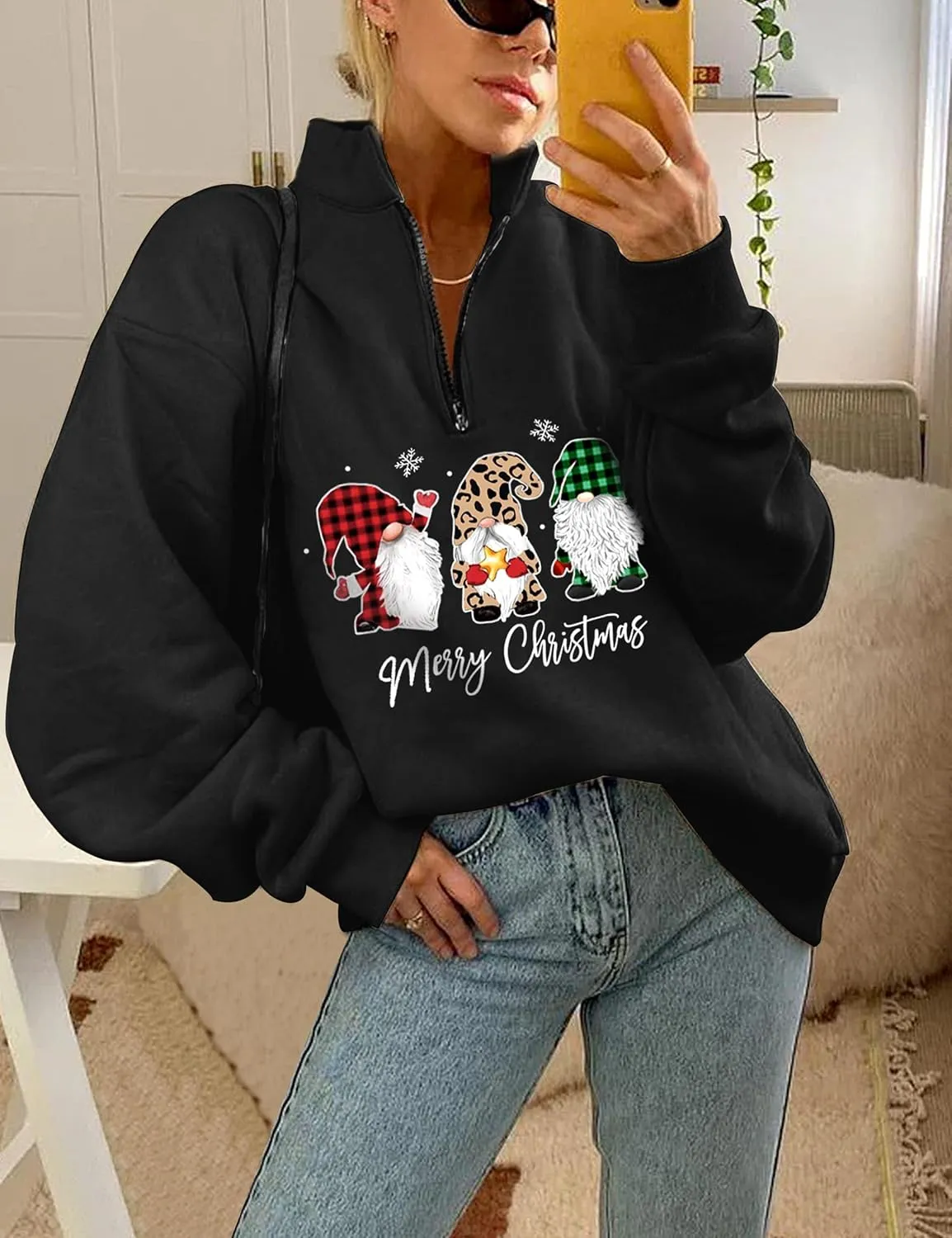 Womens Oversized Christmas Sweatshirt Half Zip Pullover Long Sleeve Quarter Zip Tops Teen Girls Fall Fashion 2024 Y2K Clothes