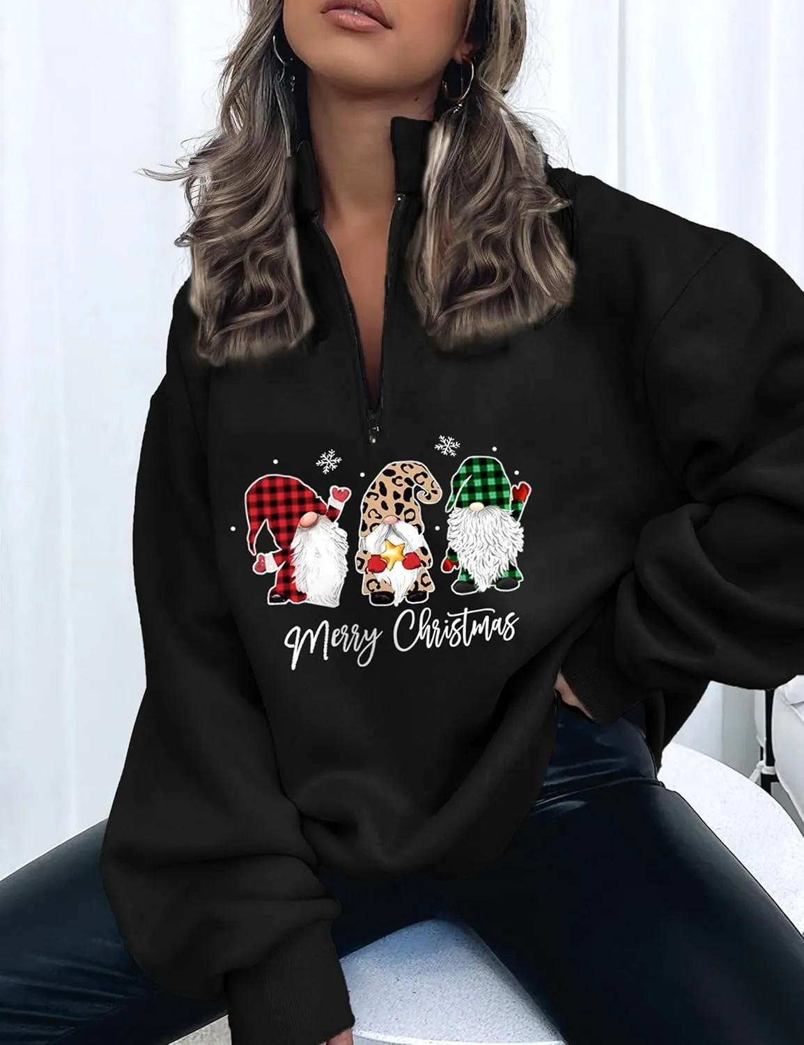 Womens Oversized Christmas Sweatshirt Half Zip Pullover Long Sleeve Quarter Zip Tops Teen Girls Fall Fashion 2024 Y2K Clothes
