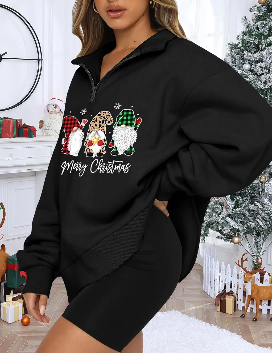 Womens Oversized Christmas Sweatshirt Half Zip Pullover Long Sleeve Quarter Zip Tops Teen Girls Fall Fashion 2024 Y2K Clothes