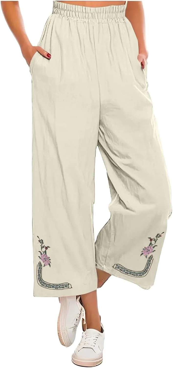 Womens Pants Embroidery Decoration Cotton and Linen Elastic Waist Pants Solid Summer Loose Cropped Wide Leg Trousers