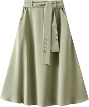 Women's Pure Color Pleated Skirt Fashion Casual Lace-Up High Waist Suit Skirt Flowy Swing Skater Flared Midi Skirts