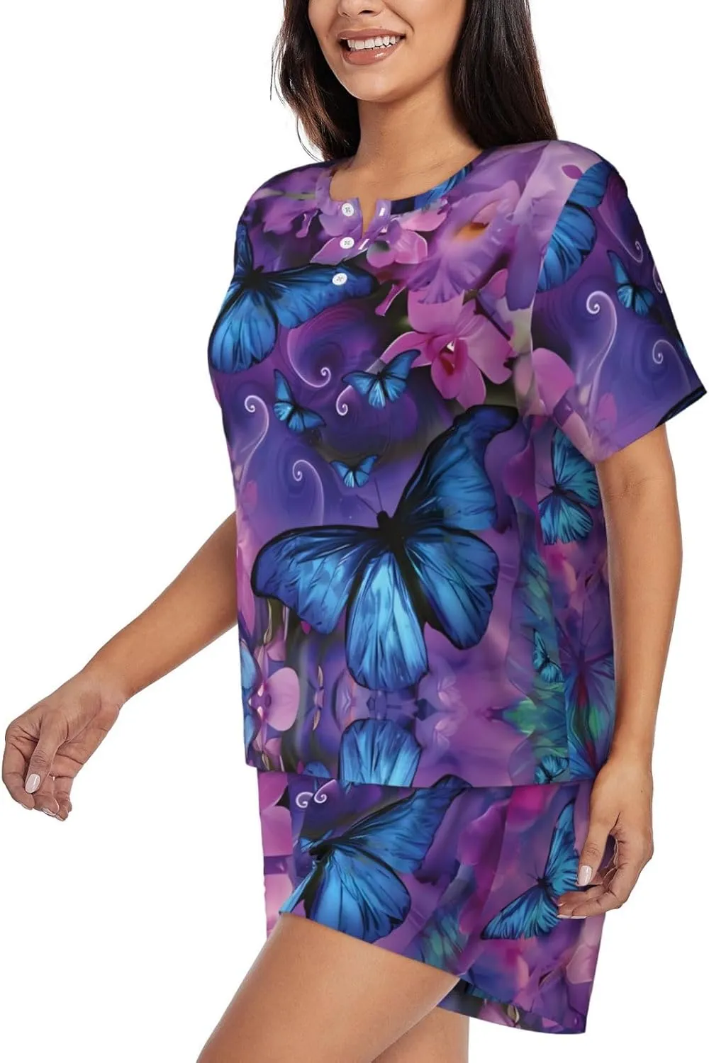 Women's Short-Sleeved Pajama Set - Comfortable Butterfly Print Sleepwear for Loungewear, Vacation, and Night Wear