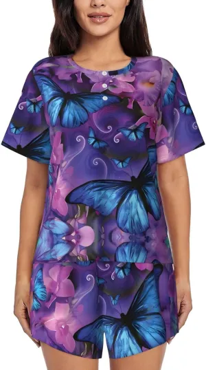Women's Short-Sleeved Pajama Set - Comfortable Butterfly Print Sleepwear for Loungewear, Vacation, and Night Wear