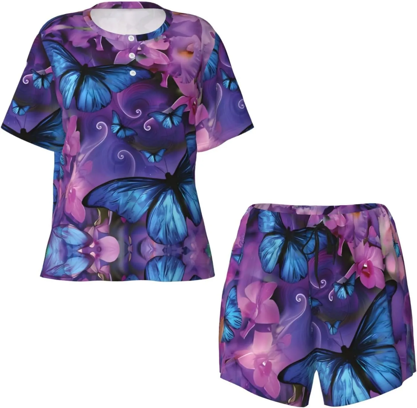 Women's Short-Sleeved Pajama Set - Comfortable Butterfly Print Sleepwear for Loungewear, Vacation, and Night Wear