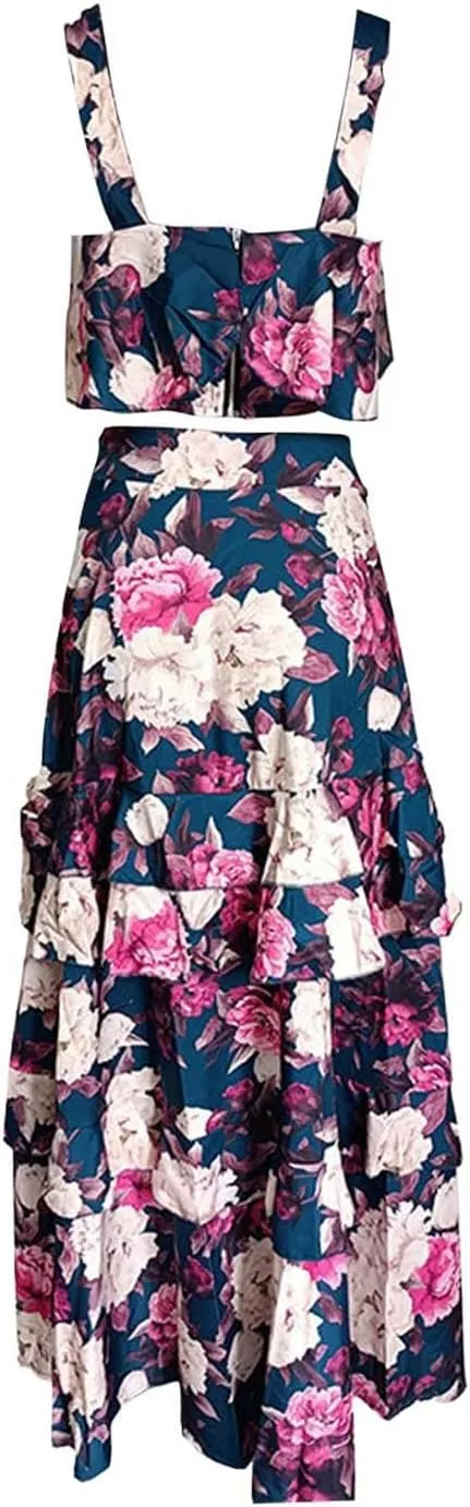 Women's Summer 2 Piece Outfits Floral Print Strap Crop Tops Tiered Ruffle Skirt Sets Boho Beach Maxi Long Dress