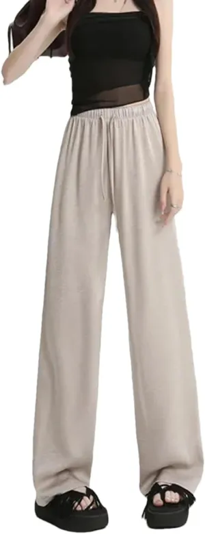 Women's Summer Ice Silk Pants High Waist Straight Casual Trousers Loose Wide-Leg Pants