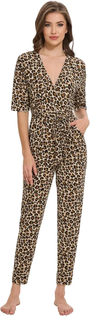 Women's Summer Jumpsuits Short Sleeve Casual 2025 One Piece Outfits Pants Rayon V Neck Belted Rompers S-XXL