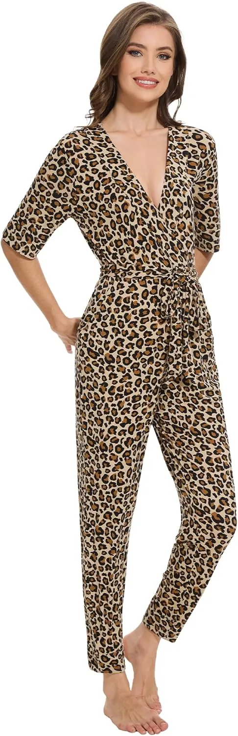 Women's Summer Jumpsuits Short Sleeve Casual 2025 One Piece Outfits Pants Rayon V Neck Belted Rompers S-XXL