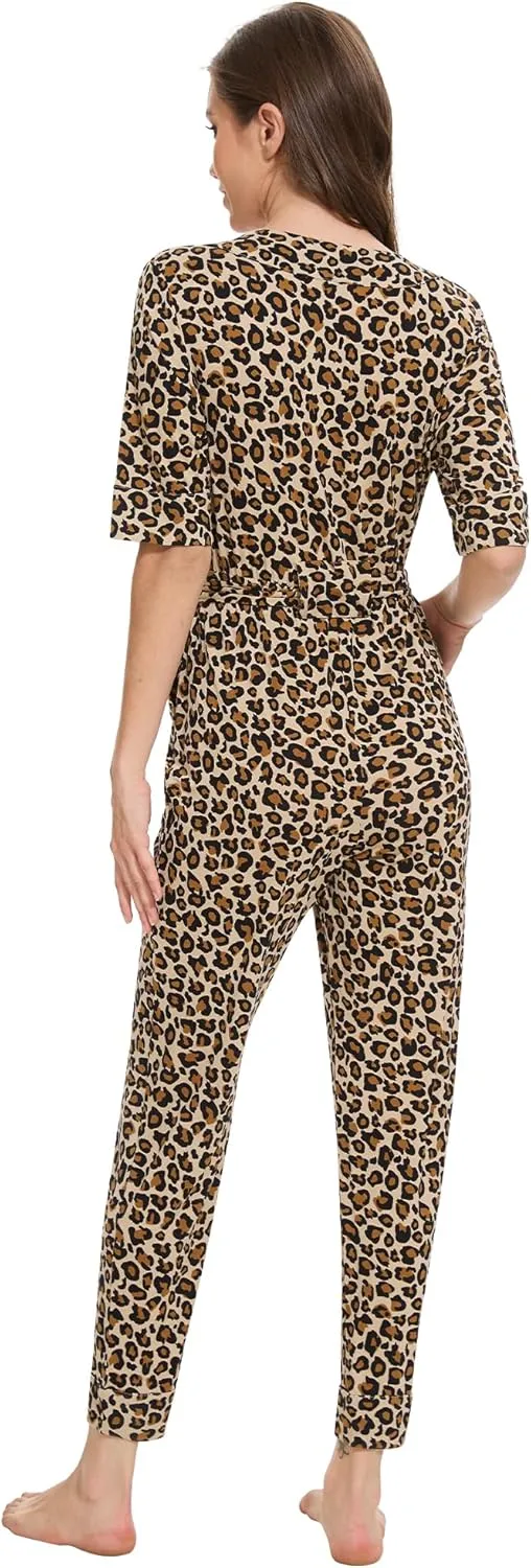 Women's Summer Jumpsuits Short Sleeve Casual 2025 One Piece Outfits Pants Rayon V Neck Belted Rompers S-XXL