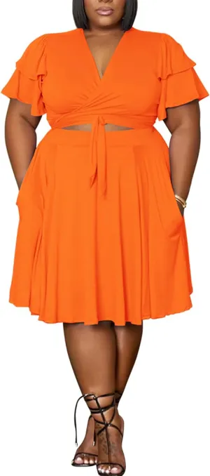 Women's Summer Plus Size 2 Piece Outfits Casual Short Sleeve Bandage Wrap Empire Crop Tops and Midi Skirt Sets