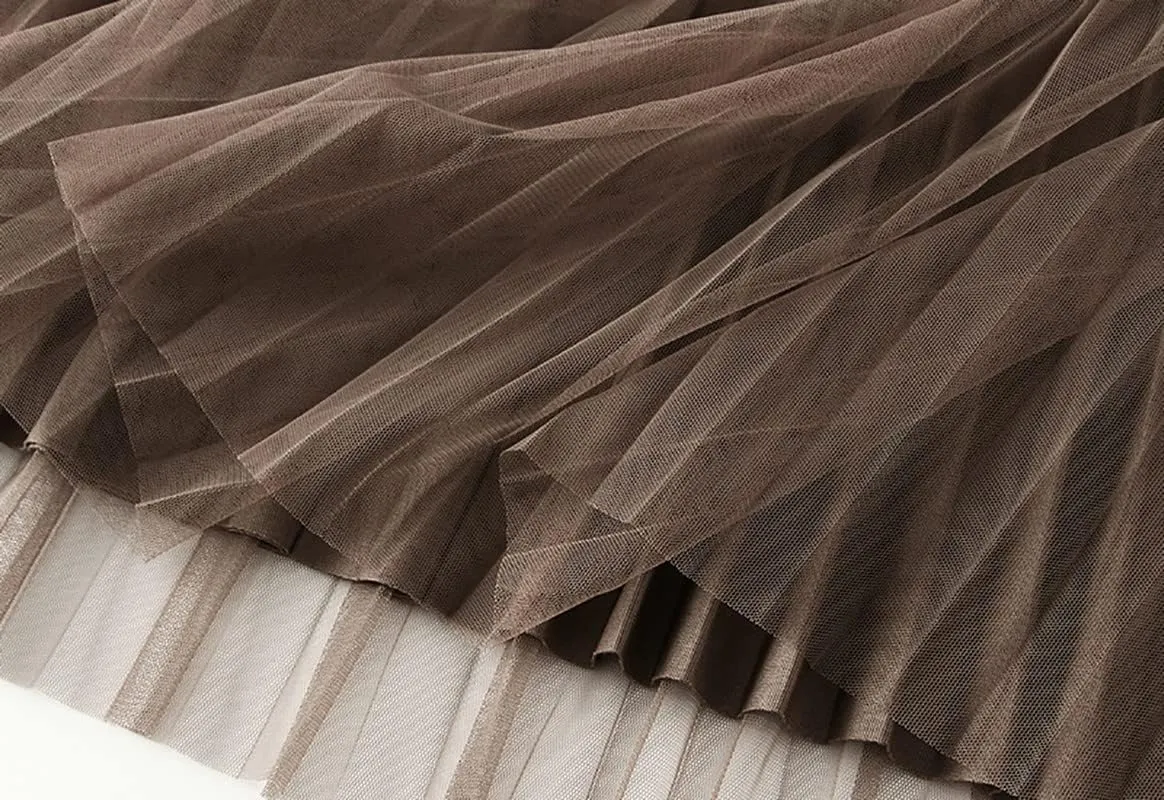 Womens Tulle Long Skirt Elastic Waist Reversible A Line Pleated Midi Skirt SK07