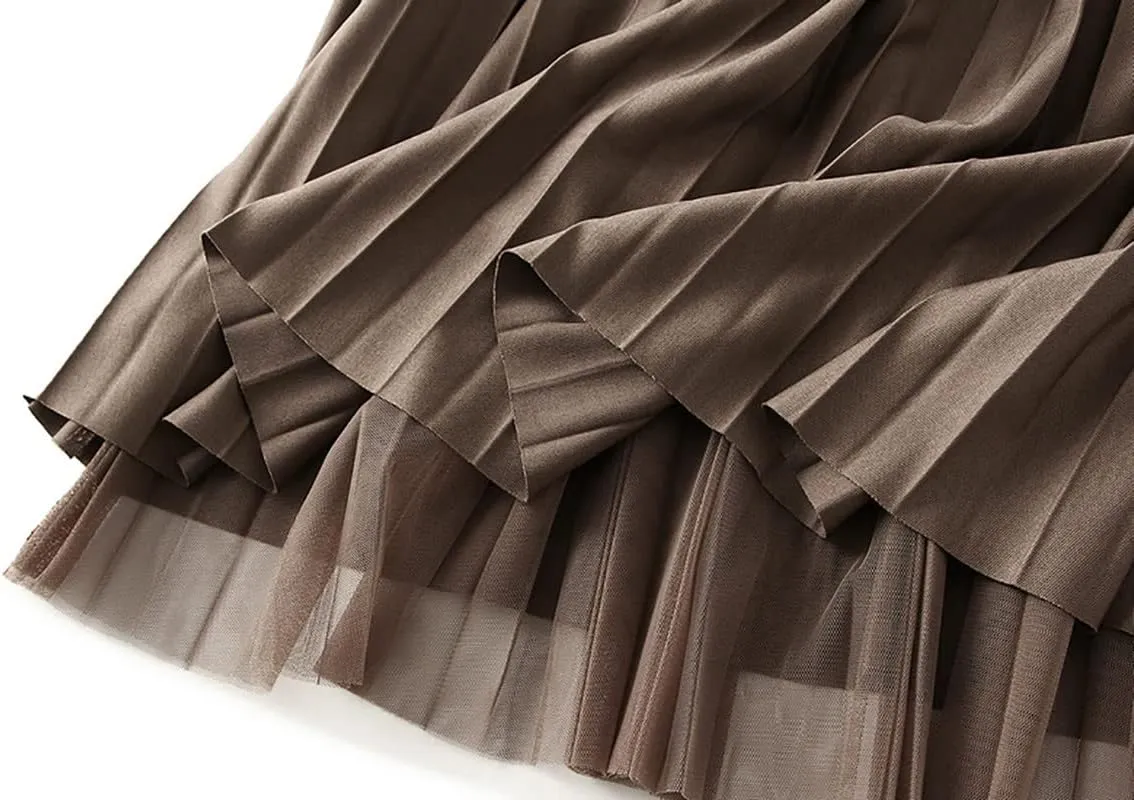 Womens Tulle Long Skirt Elastic Waist Reversible A Line Pleated Midi Skirt SK07