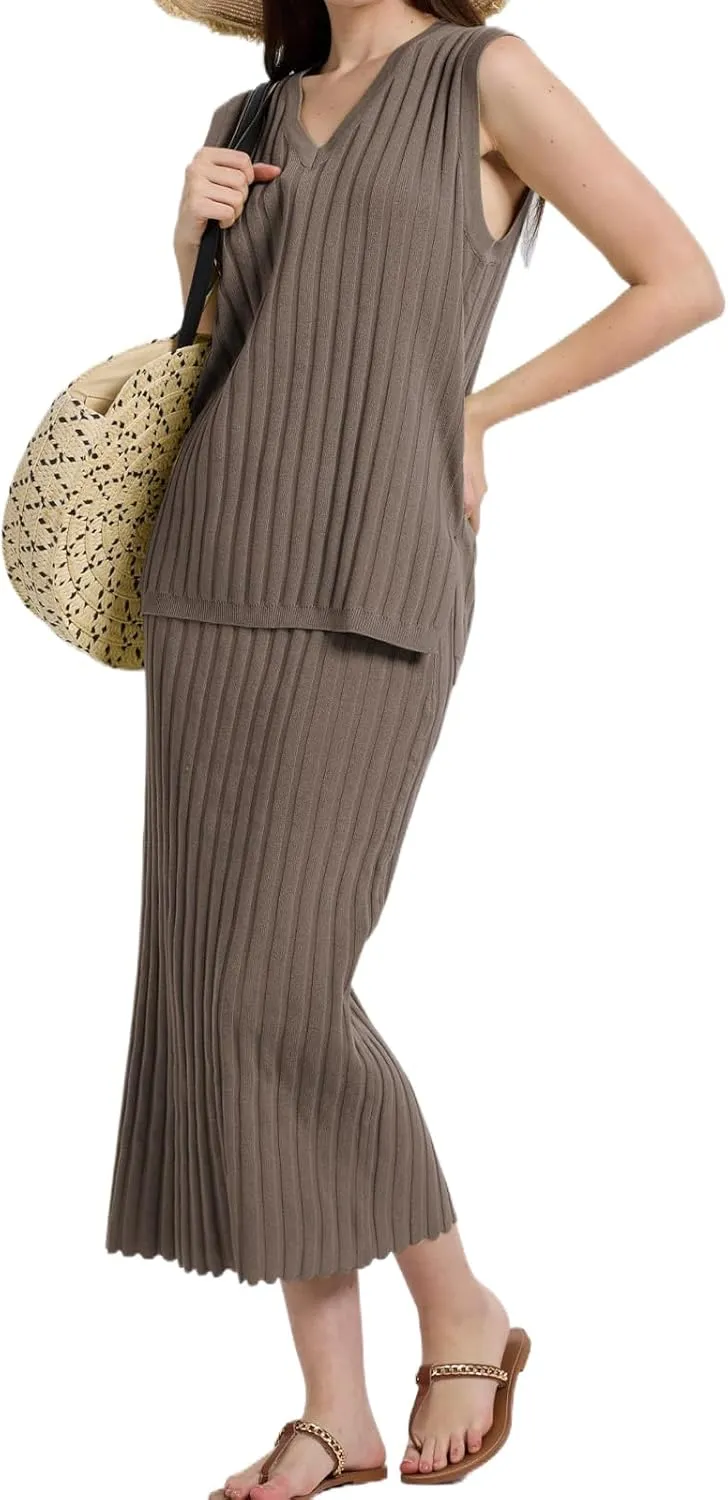 Womens Two Piece Sweater Skirt Sets Summer Outfits Knit Sets Sleeveless V Neck Knit Ribbed Vest Tops Midi Skirt
