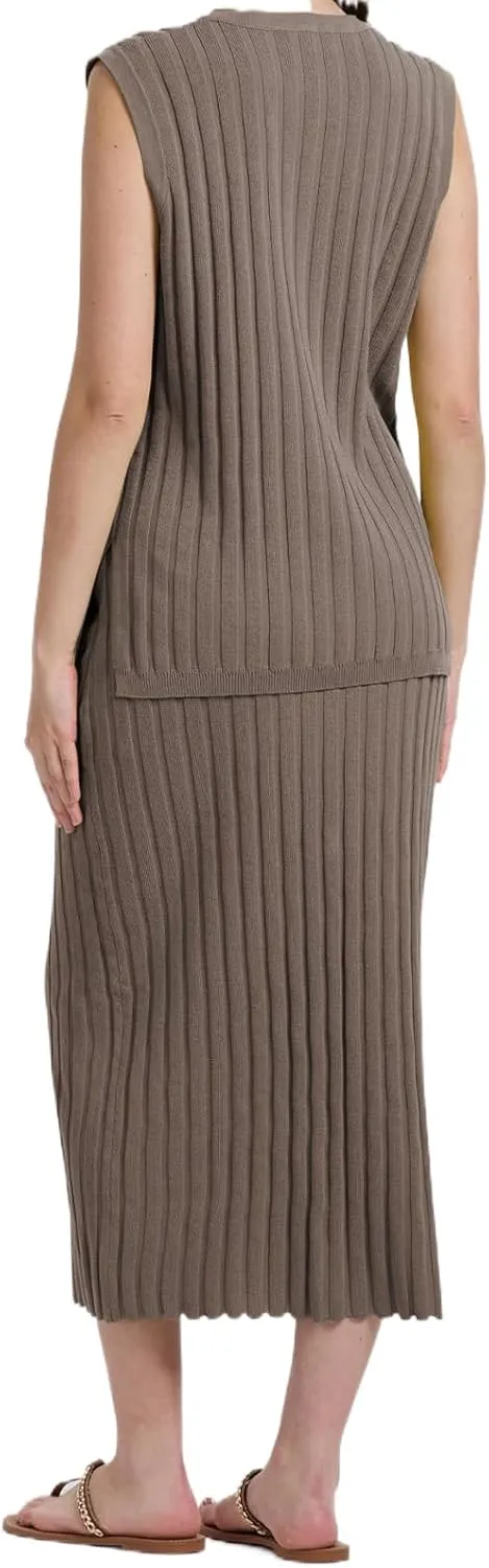 Womens Two Piece Sweater Skirt Sets Summer Outfits Knit Sets Sleeveless V Neck Knit Ribbed Vest Tops Midi Skirt